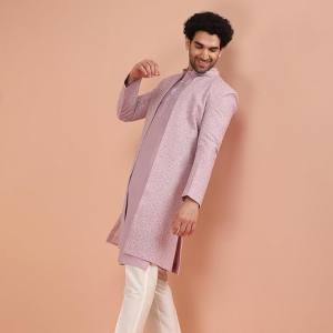 Men Pink Printed Kurta Indowestern Sherwani Trouser Set